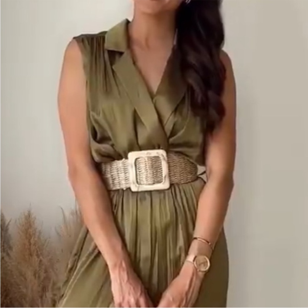 NEW ZARA OLIVE GREEN WRINKLE EFFECT BELTED
SATIN EFFECT JUMPSUIT ROMPER - Picture 9 of 16